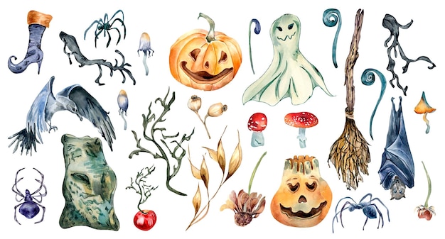 Set van Halloween symbolen aquarel illustratie geïsoleerd op een witte achtergrond