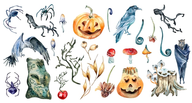 Set van Halloween symbolen aquarel illustratie geïsoleerd op een witte achtergrond