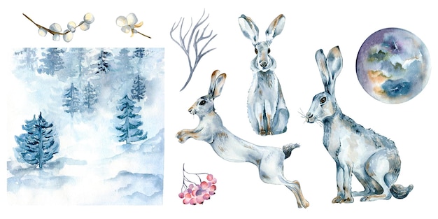 Set van hazen en winterlandschap aquarel illustratie geïsoleerd op een witte achtergrond