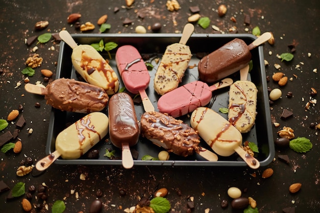 Set van heerlijke witte en melk chocolade en aardbeien ijs op een stok geserveerd in een metalen dienblad geplaatst op roestige achtergrond Flat lay top view