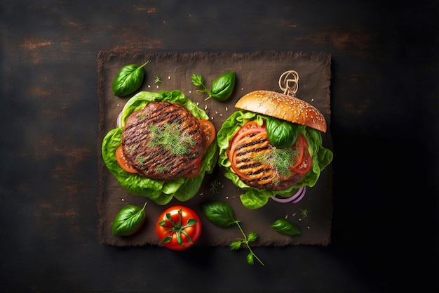 Set van heerlijke zelfgemaakte hamburgers liggend op een houten plank op tafel gemaakt met generatieve ai