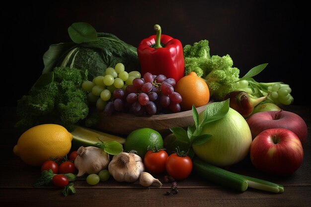 Set van heldere verse groenten en fruit op tafel Voedsel achtergrond zacht licht reclamefotografie commerciële fotografie generatieve AI