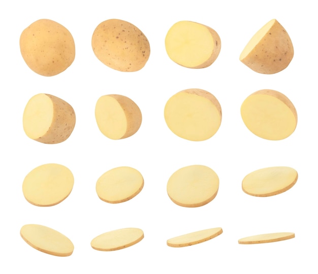 Set van hele rauwe aardappel en plakjes geïsoleerd op een witte achtergrond