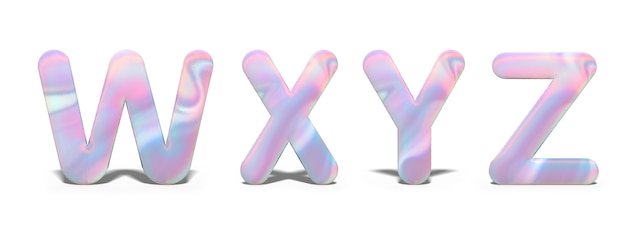 Set van hoofdletters W, X, Y, Z in helder holografisch ontwerp, glanzend neonalfabet.