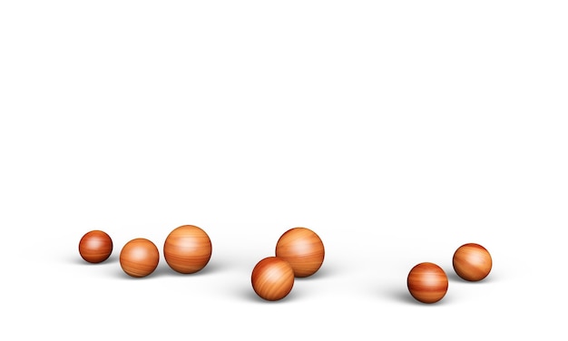 Set van houten bollen geïsoleerd op een witte achtergrond Houten ballen in een compositie met 3d render