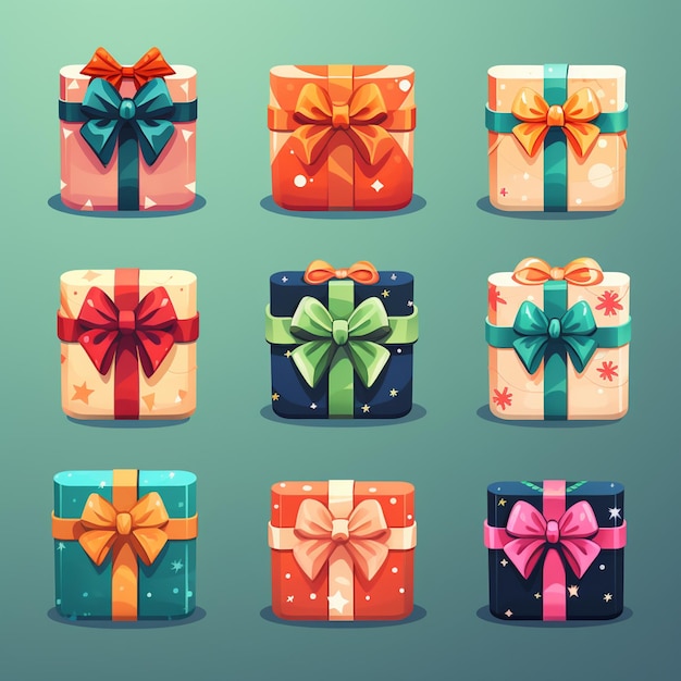 Set van iconen mooie Nieuwjaarsbogen op dozen van verschillende vormen