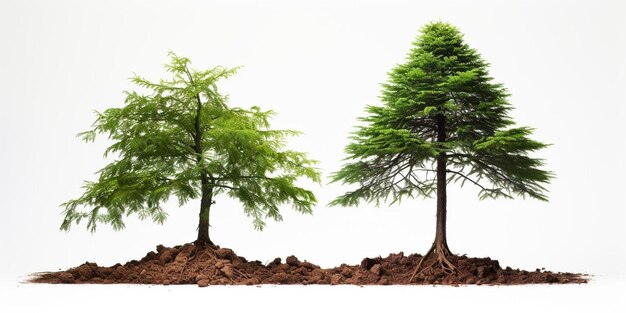 Set van kale cypressen die in de grond groeien, geïsoleerd op een witte achtergrond