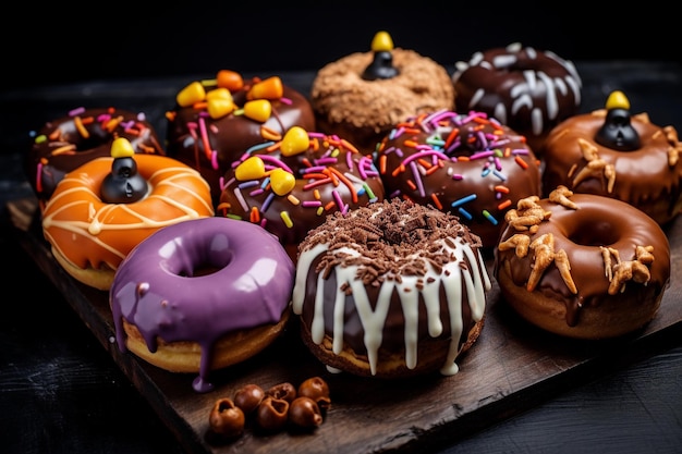 Set van karamel en chocolade donuts kwaad halloween-thema
