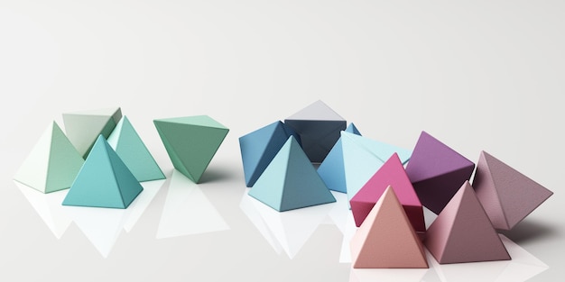 Set van kleurrijke groene, paarse, blauwe en gele realistische piramide bollen met stof textuur op witte achtergrond 3D rendering