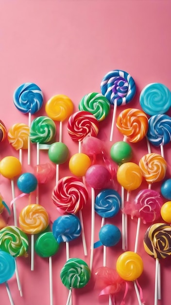 Set van kleurrijke lolly's op gekleurde achtergrond zomer concept feestje gelukkige verjaardag of minimalistische co