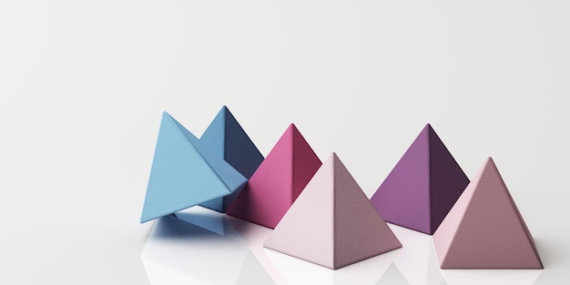 Set van kleurrijke paarse realistische piramide bollen met stof textuur op witte achtergrond 3D rendering