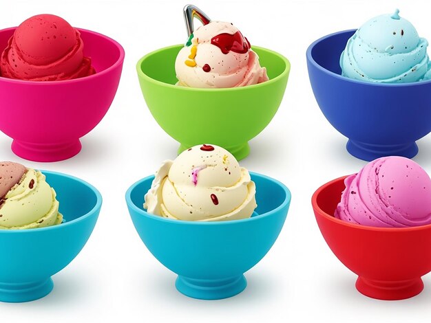 Foto set van kommen met verschillende kleurrijke ijsjes