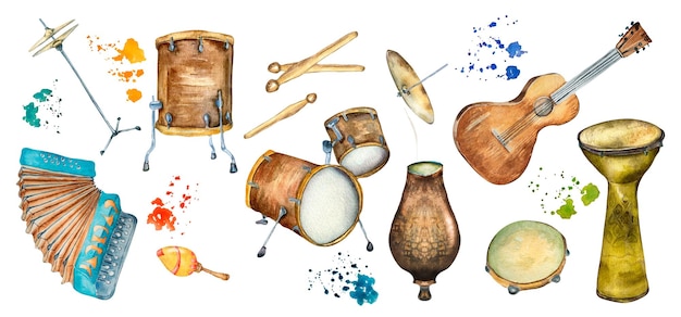 Set van Latijnse folk muziekinstrumenten aquarel illustratie geïsoleerd