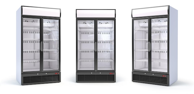 Set van lege showcase koelkasten in de supermarkt koelkast met glazen deur geïsoleerd op wit