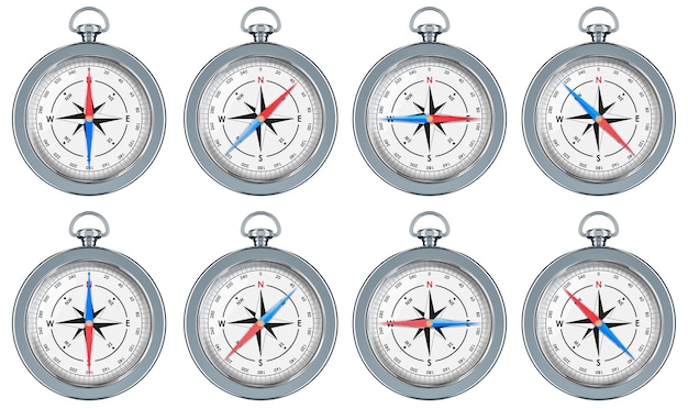 Set van magnetische kompassen met kardinale en interkardinale richtingen 3D-rendering
