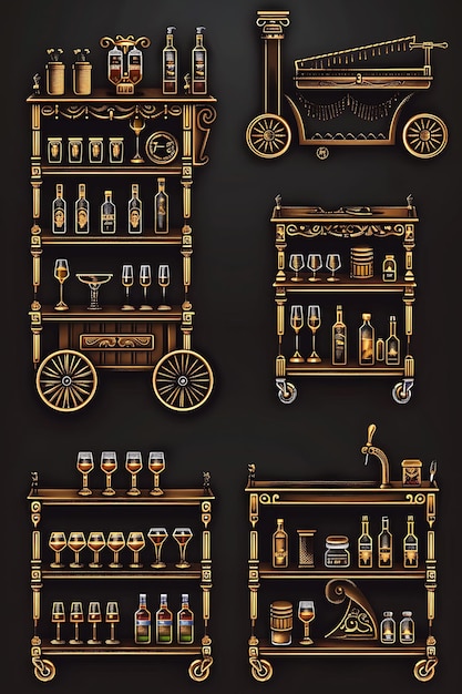 Set van Majestic Bar Carts 8 Bit Pixel met gedetailleerd houtwerk en Go Game Asset Design Concept Art