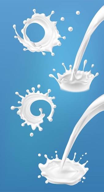 Set van melk splash en gieten yoghurt of room omvat clipping pad 3d illustratie