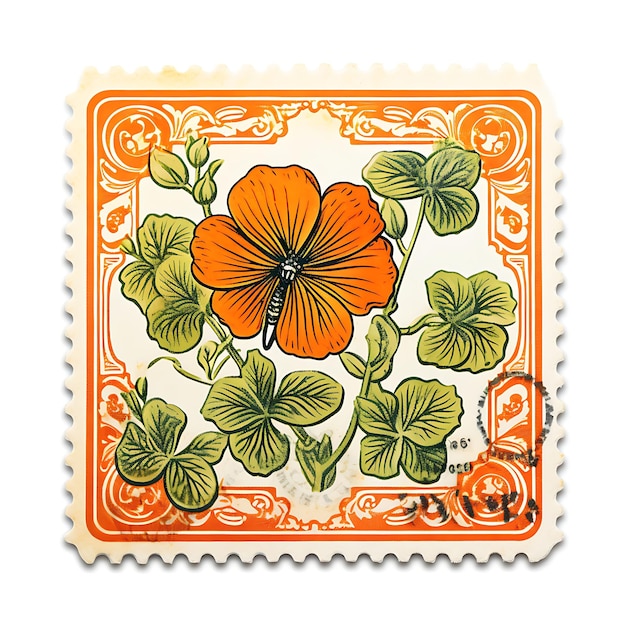 Foto set van nasturtium postzegel met monochrome oranje kleur art nouveau in clipart tshirt tattoo ontwerpen