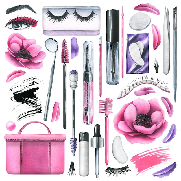 Set van professionele cosmetica en roze tas gereedschappen voor makers van laminatie schilderen wimpers en wenkbrauwen waterverf illustratie met de hand getekend geïsoleerde objecten op een witte achtergrond