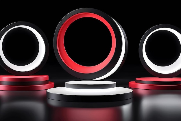 Set van realistische 3D-achtergrond met cilinder podium Zwart rood wit gloeiend licht halve cirkels laye