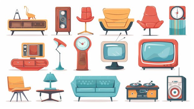 Set van retro meubels voor het interieur van het huis Vintage bank fauteuil oude TV platen speler vloerlamp vinyl platen en klok geïsoleerd op witte achtergrond moderne cartoon illustratie