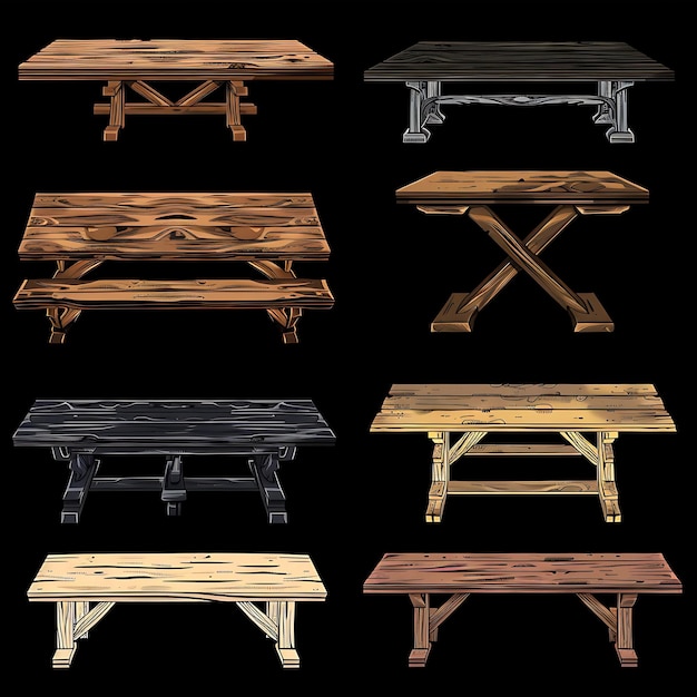 Set van Rustic Farm Tables 16 Bit Pixel met gerecycled hout en Cros Game Asset Design Concept Art