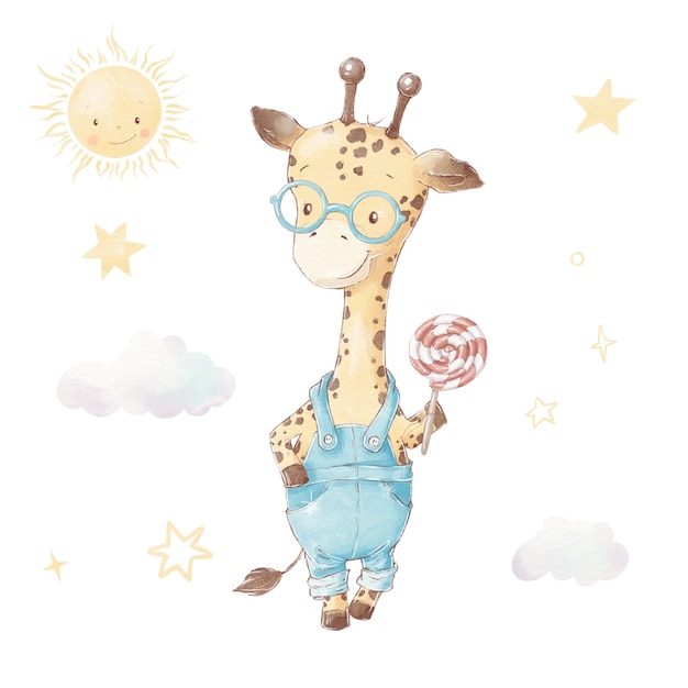 Set van schattige cartoon giraf. Aquarel illustratie