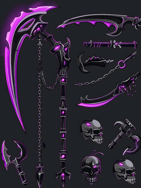 Set van Scythe Pixel Weapon met Grim Reaper ontwerp en schedels en C Game Asset Tshirt Concept Art