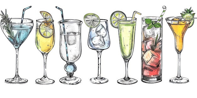 Set van Sketch Cocktails en alcoholische dranken met de hand getekende illustratie
