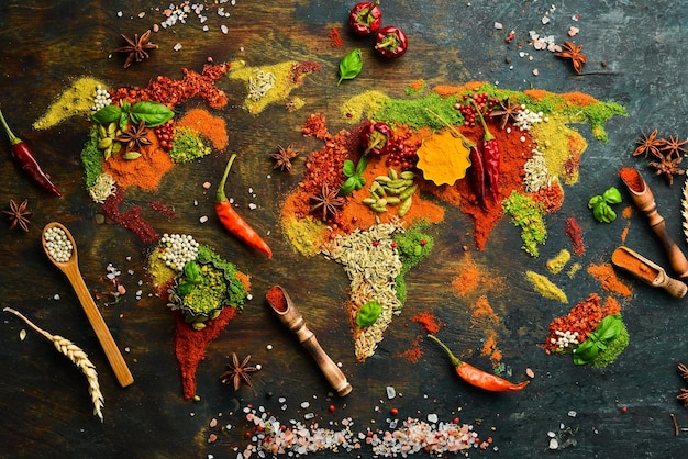Set van specerijen en kruiden Indiase keuken Wereldkaart Peper zout paprika basilicum kurkuma Op een zwarte houten plank Bovenaanzicht Vrije ruimte om te kopiëren