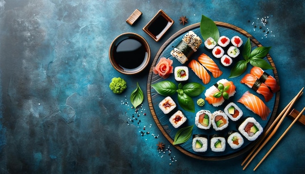 set van sushi en maki gerangschikt op een blauwe stenen achtergrond
