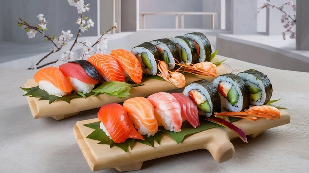 Set van sushi en rollen op planken