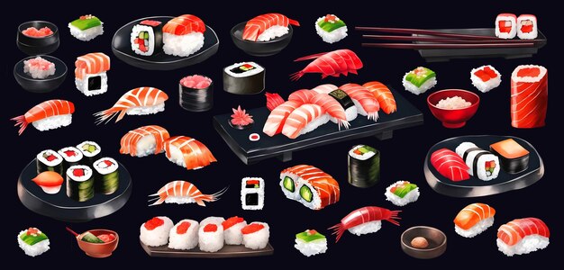 Set van sushi sashimi zalm eetstokjes kaviaar waterverf met de hand geschilderde geïsoleerde illustratie