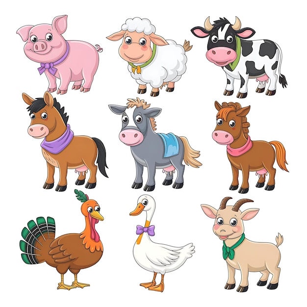 Set van tien speelse boerderijdieren varken schapen koe kip paard ezel kalkoen gans eend geit