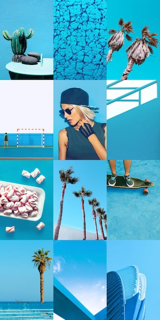 Set van trendy esthetische fotocollages Minimalistische afbeeldingen van één topkleur Fresh Tropical Blue zomer moodboard