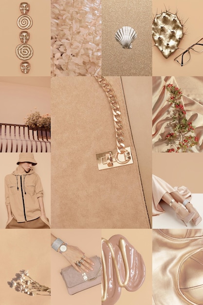 Foto set van trendy esthetische fotocollages minimalistische afbeeldingen van één topkleuren beige mode moodboard