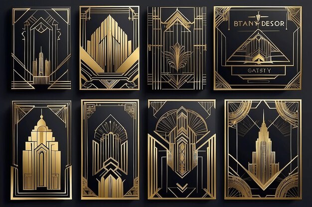 Foto set van vector art deco gatsby gouden covers creatief ontwerp sjablonen trendy grafische poster brochure ontwerp