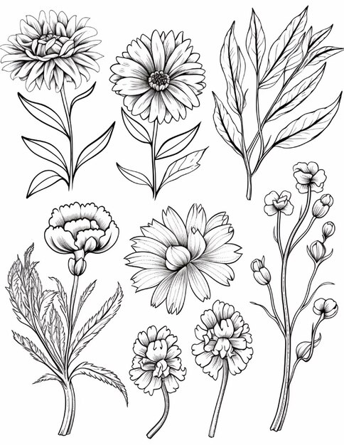 Set van vector illustraties van bloemen in lijnkunst stijl Kleurboek pagina voor volwassenen