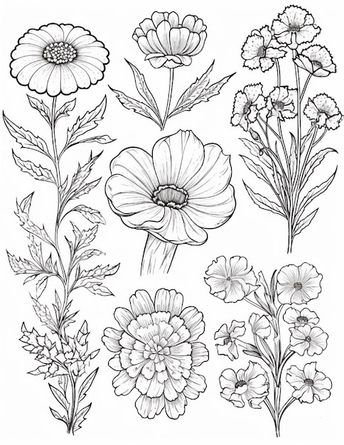 Set van vector illustraties van bloemen in lijnkunst stijl Kleurboek pagina voor volwassenen