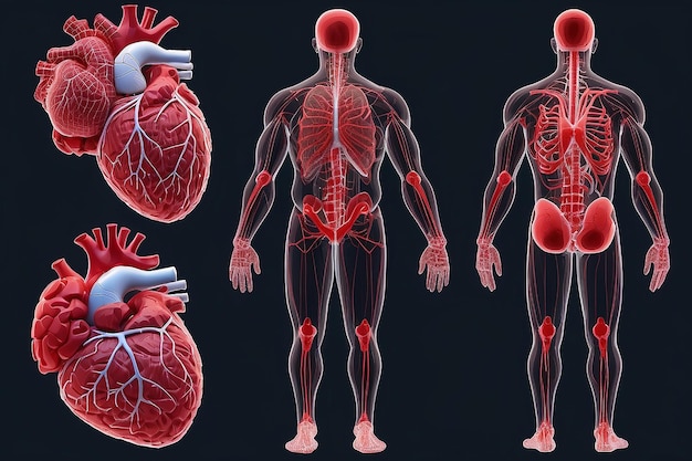 Foto set van veelhoekige menselijke organen gemaakt van rode lijnen en punten medisch onderzoek van het menselijk lichaam
