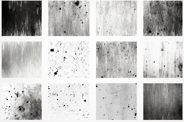 Foto set van verontruste zwarte textuur donkere korrelige textuur op witte achtergrond stof overlay gestructureerde korrel