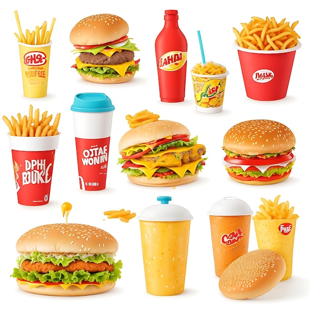 Set van verschillende fastfoodproducten op witte achtergrond