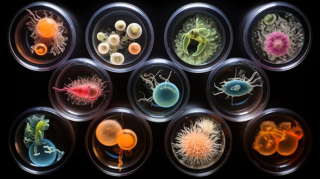 Foto set van verschillende gekleurde bacteriën in een glazen tri