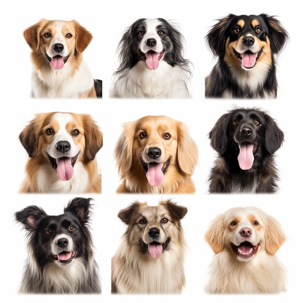 Set van verschillende gelukkige hondenportretten geïsoleerd op een witte achtergrond gemaakt met generatieve AI