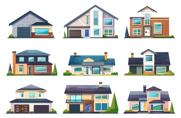 Set van verschillende huizen geïsoleerd op witte achtergrond Vector illustratie in cartoon stijl