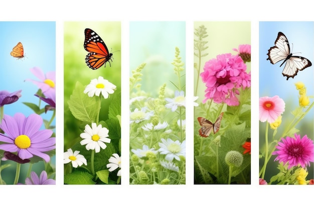 Set van verticale banners van bloemen en vlinders die bloeien