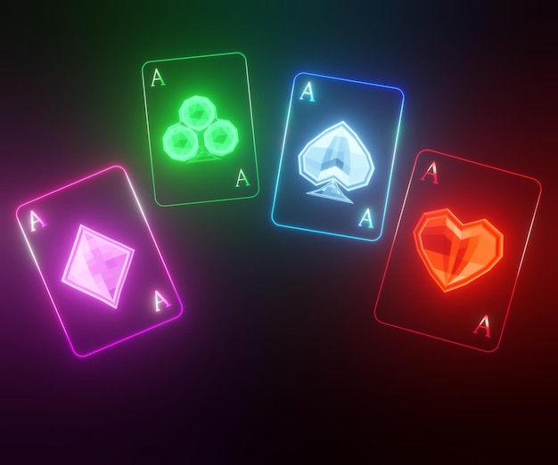 Set van vier azen speelkaarten pakken met kleurrijke neonlichten 3D-rendering illustratie