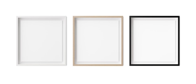 Set van vierkante afbeeldingsframes geïsoleerd op een witte achtergrond Witte houten en zwarte frames met witte papieren rand binnen sjabloon mockup voor uw foto of poster 3D-rendering