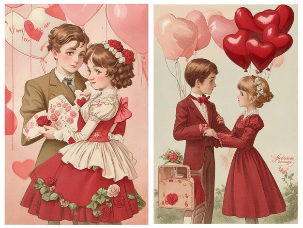 Foto set van vintage antieke stijl valentijnsdag kaartjes met schattige geliefden kinderen rode rozen