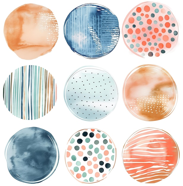 Foto set van waterverf cirkel stickers met abstracte patronen in koraalblauw en neutrale tonen voor planners en scrapbooks